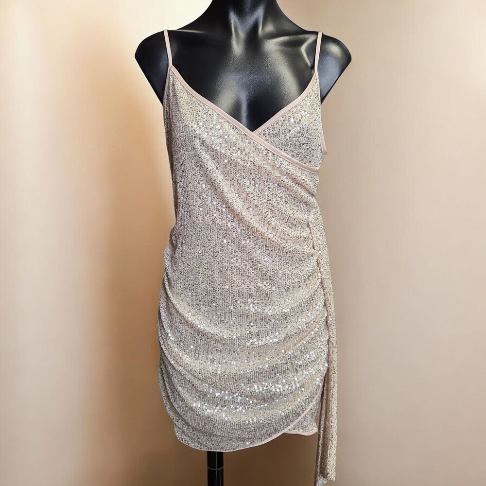 Dress Womens Large Gold Sequin Bodycon Slip Ruched Mini Party Wedding Cocktail